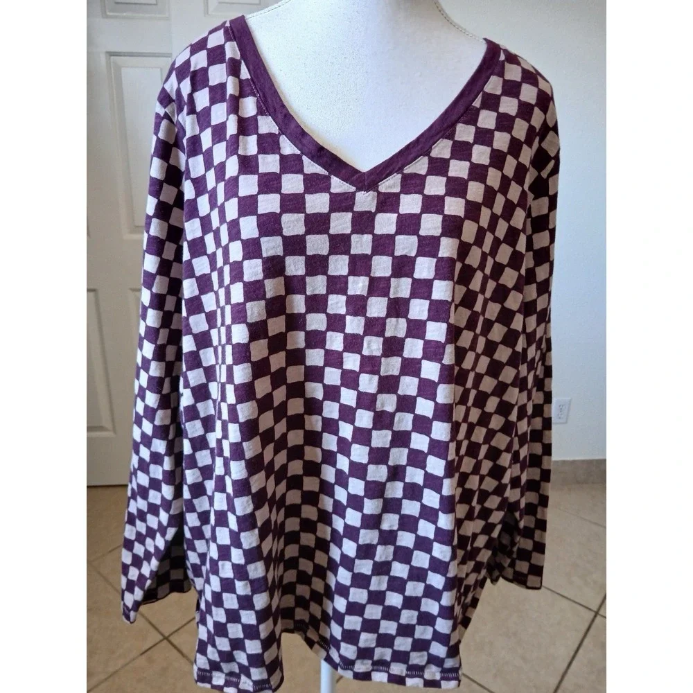 SONOMA Women Burgundy Plaid Long V-neck Sleeve‎ The Everyday Tee Shirt Top 2X